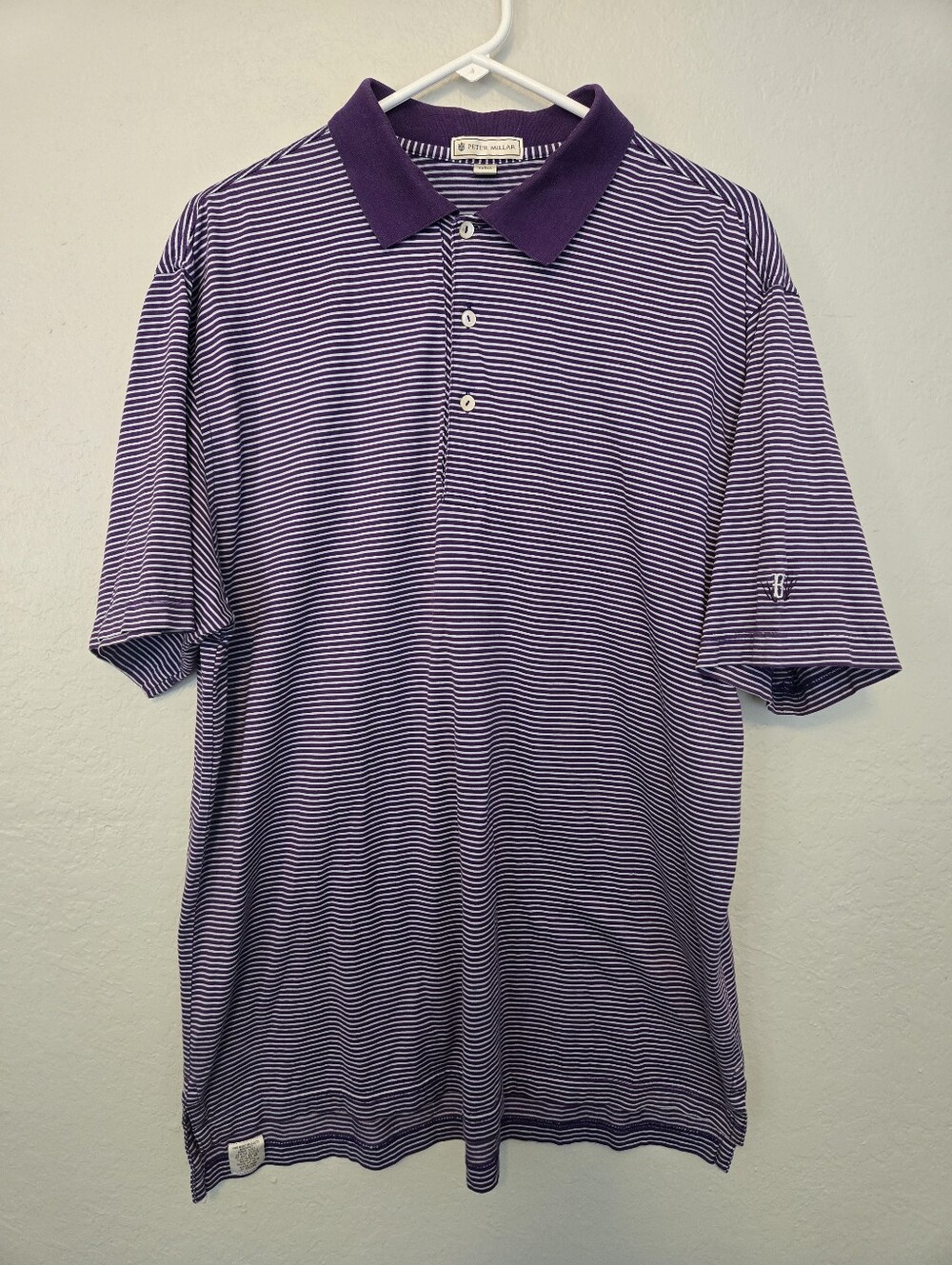 Peter Millar Purple Striped Polo Size Large. BR Embroidered On One Sleeve.
